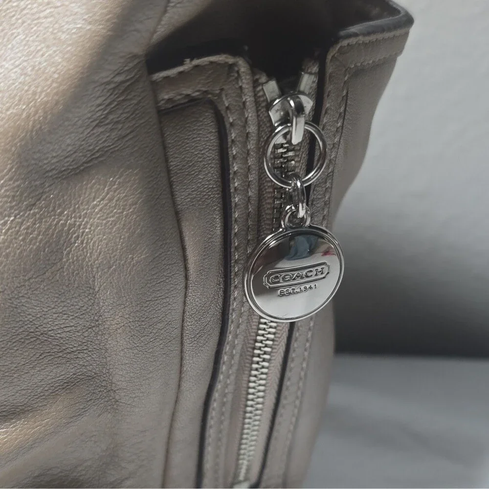 Coach Madison Beige Taupe Leather Tote Bag Zip Top Pink Lining Silver Charm [083